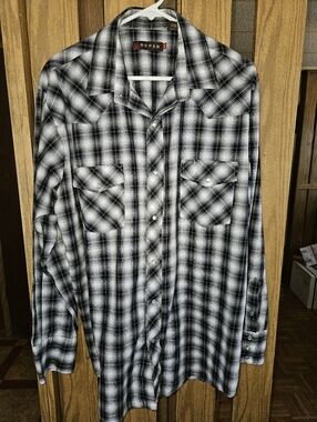 ROPER Sz XL Western Pearl Snap Long Sleeve Shirt, Black White/Silver Pinstripe